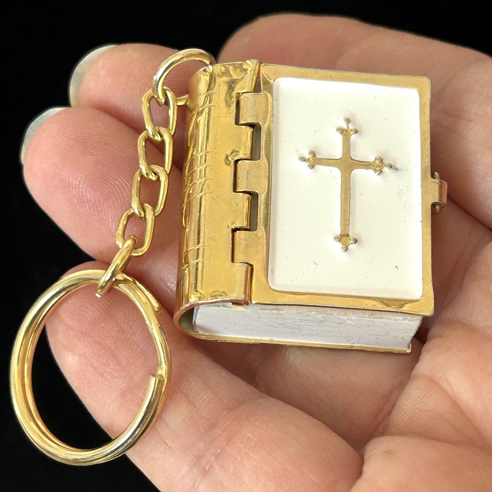 Vintage Bible Keychain Micro White Enamel Actual Full Print NRSV