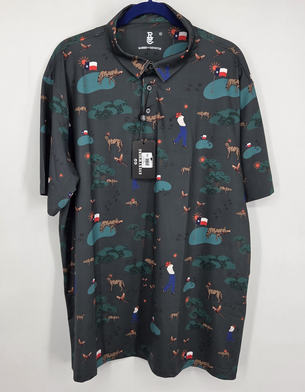 NEW Raised by Coyotes Polo Mens 2XL Green Coyote Country Club Stretch NWT