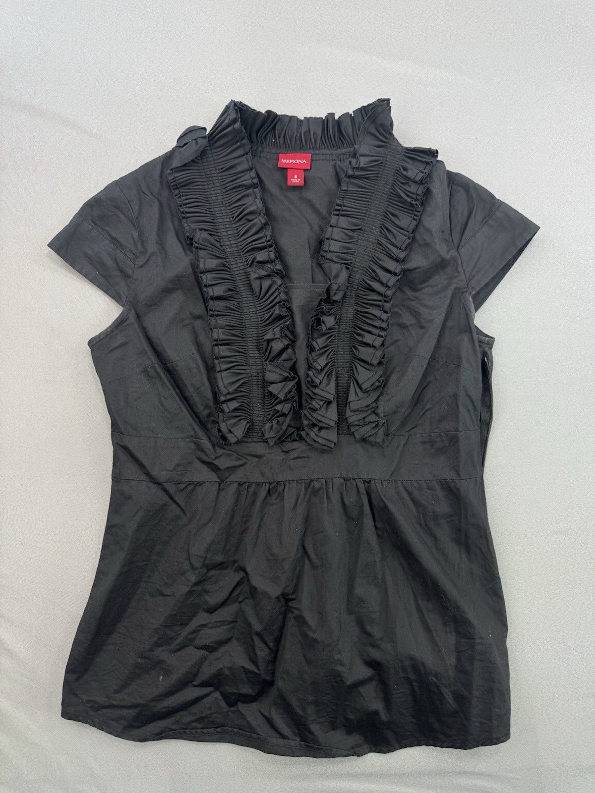 Merona Shirt Womens Small Black Ruffle V Neck Short Sleeve Blouse Top Cotton