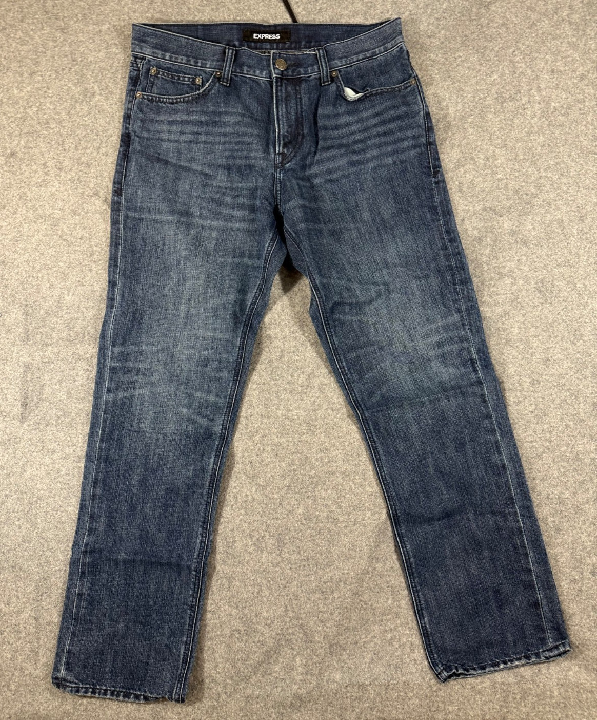 Express Classic Straight Jeans Mens 32x32 Blue Denim Whiskering 5-Pocket Classic Express Classic Straight Jeans Mens 32x32 Blue Denim Whiskering 5-Pocket Classic