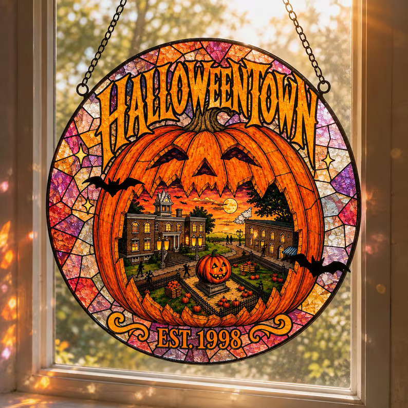 Halloweentown Est 1998 Stained Glass Suncatcher Retro University Fall Decor