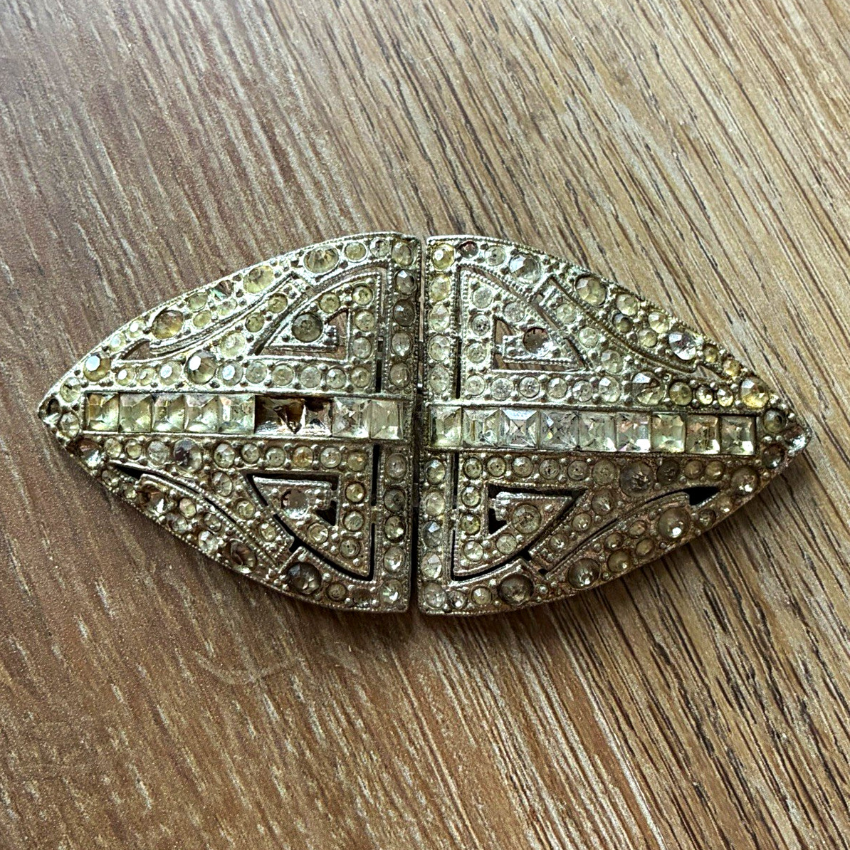 Coro Duette Art Deco Patented Silver Tone Leaf Rhinestone Dress Clip Brooch
