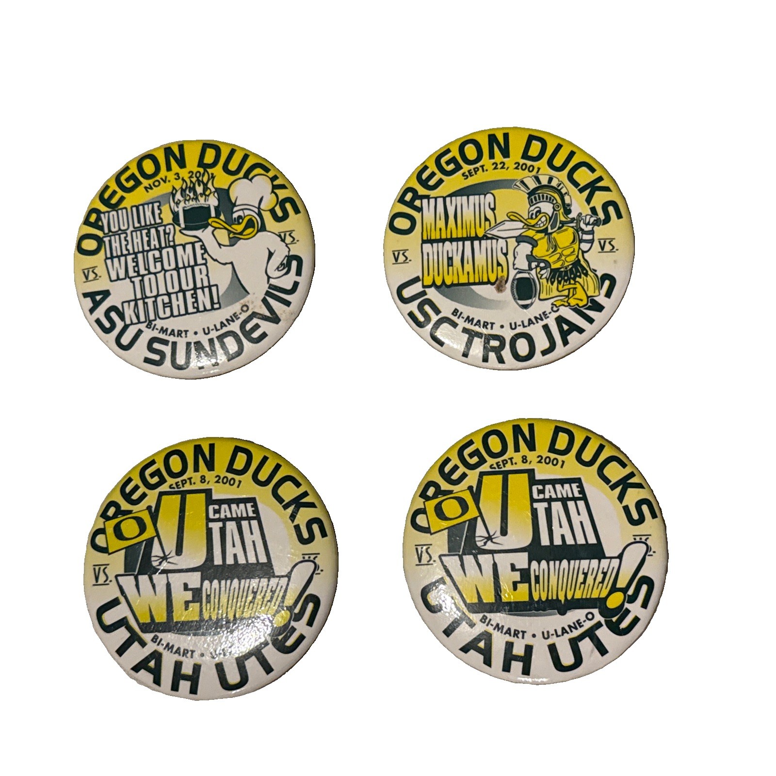 Oregon Ducks Y2K Football Game Day Pinback Buttons - U of O 2001 - Lot of 4 Oregon Ducks Y2K Football Game Day Pinback Buttons - U of O 2001 - Lot of 4