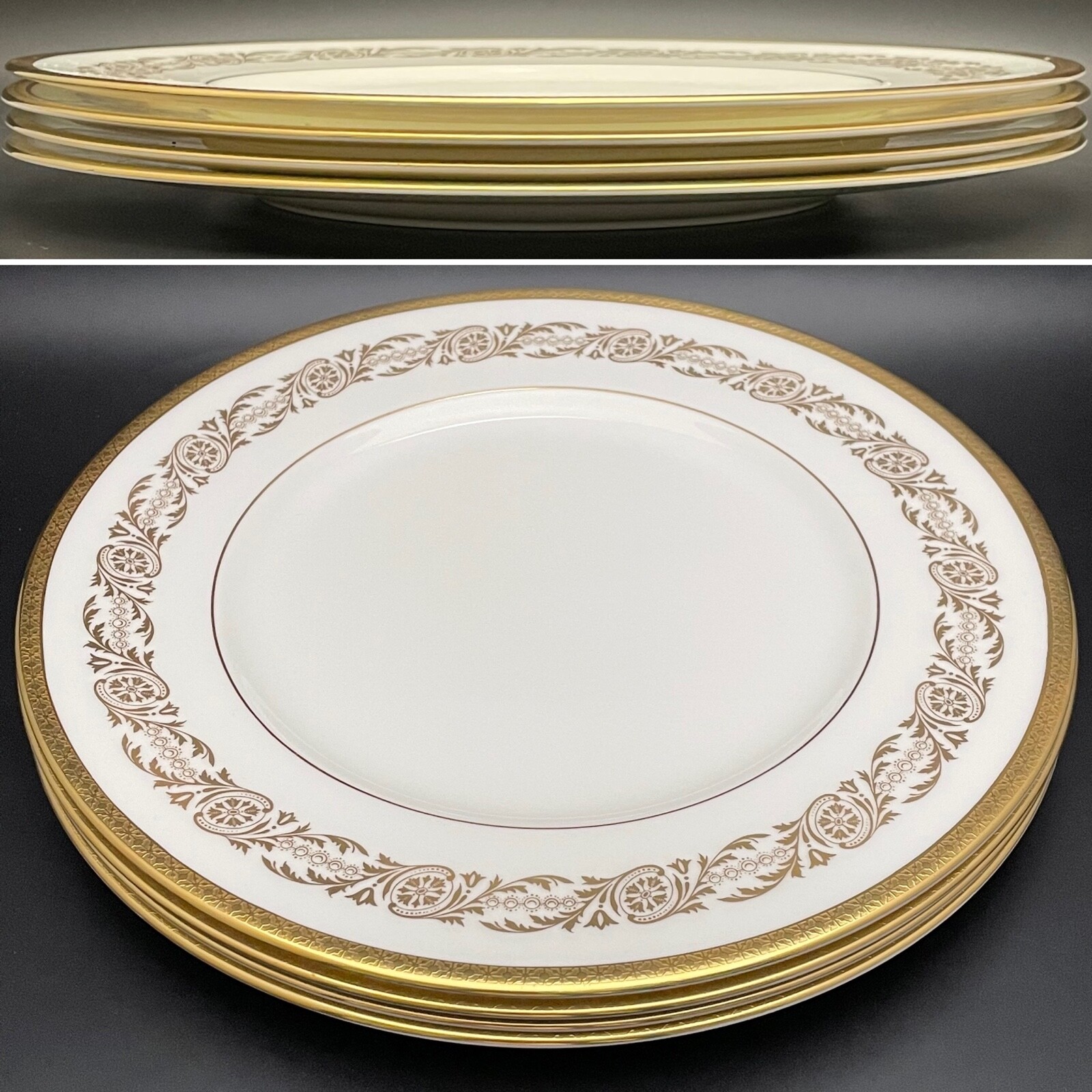 Coalport Bone China Viceroy 24Kt Gold on White Dinner Plate 4pc Set England