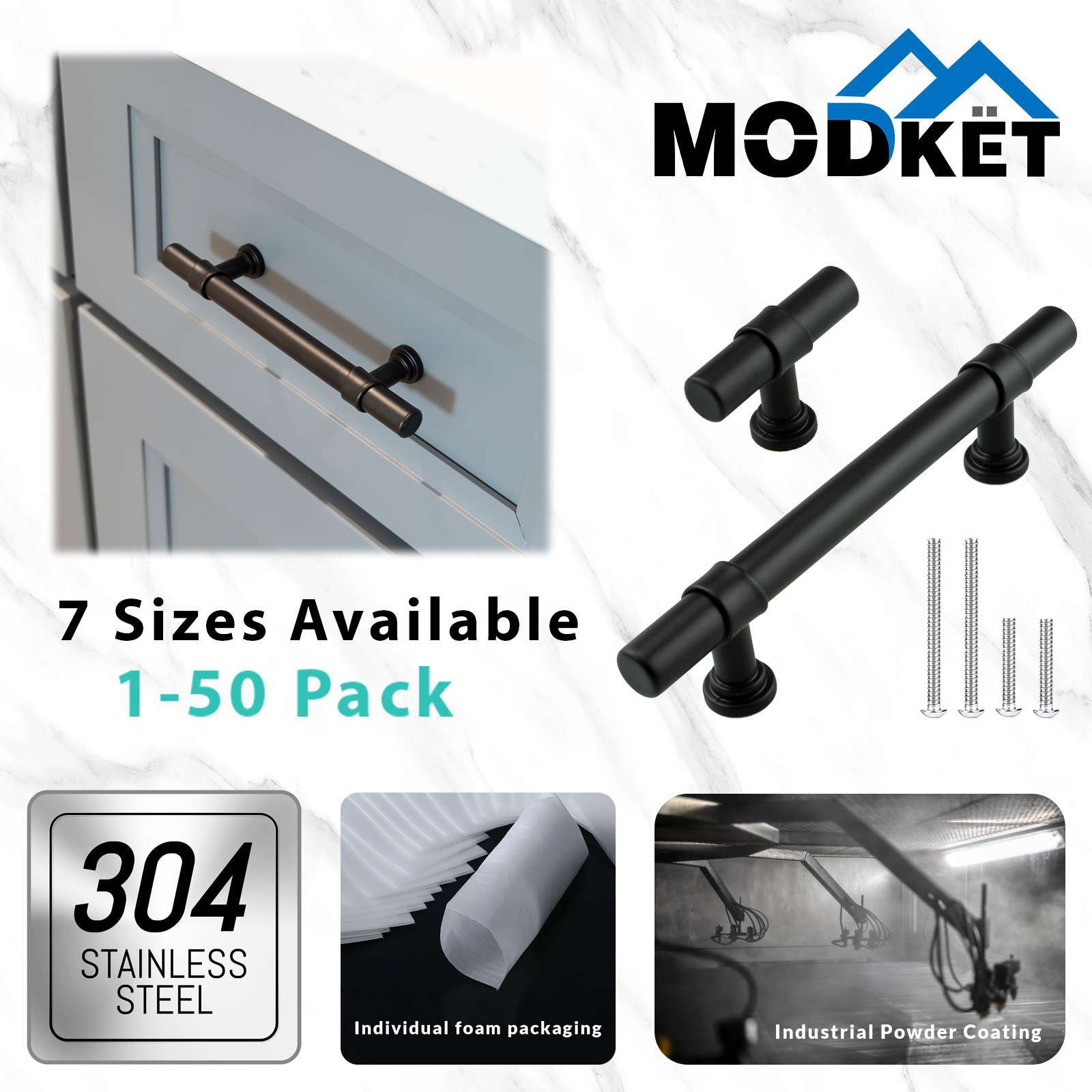 Black Modern Cabinet Handles T Bar Pulls Kitchen Drawer Hardware Stainless Steel