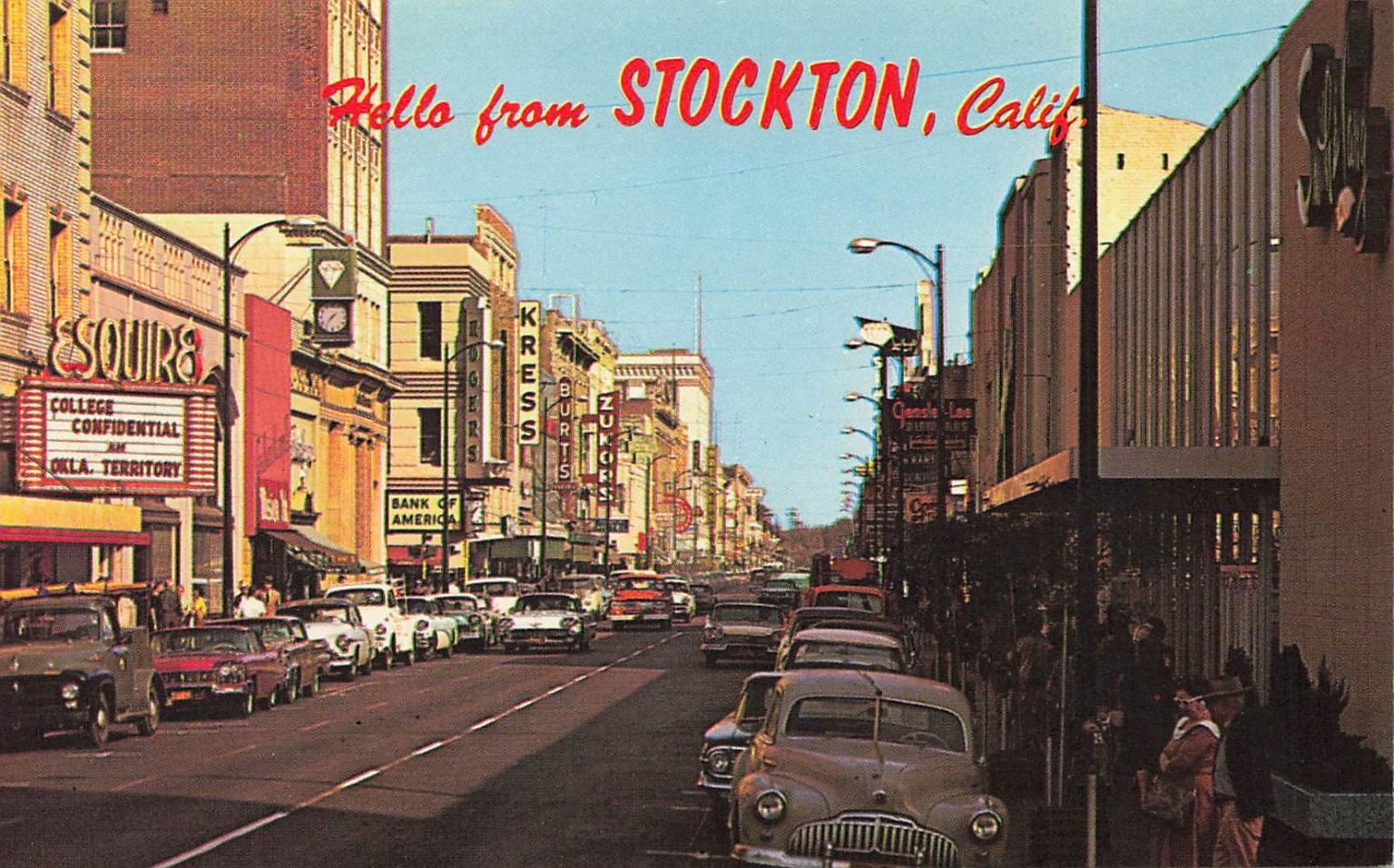 Vintage Stockton CA Main Street Plastichrome Postcard 1960s Bank of America