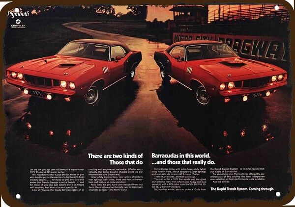 1971 PLYMOUTH BARRACUDA 340 & HEMI CUDA Vntg-Look DECORATIVE REPLICA METAL SIGN 1971 PLYMOUTH BARRACUDA 340 & HEMI CUDA Vntg-Look DECORATIVE REPLICA METAL SIGN