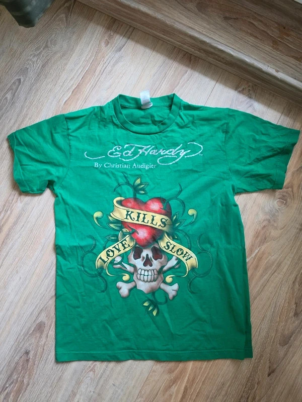 Vintage Ed Hardy Love Kills Slowly T Shirt Green Christian Audigier Y2K Tattoo S
