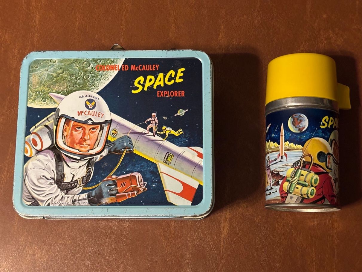 Space Explorer Lunch Box Col. Ed McCauley w Thermos 1960 Space Explorer Lunch Box Col. Ed McCauley w Thermos 1960
