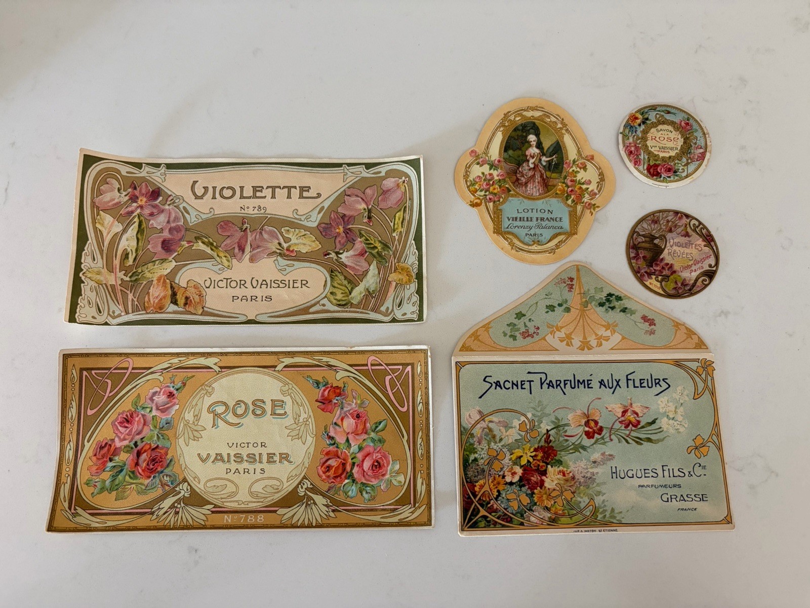 Antique French Perfume Soap Labels Lot 6 Victor Vaissier Art Nouveau Paris c1900