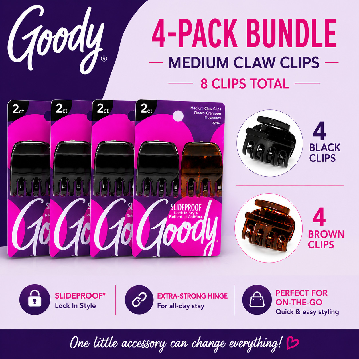 Goody Medium Claw Hair Clips 4-Pack Strong Hold Slideproof Black & Brown Bundle