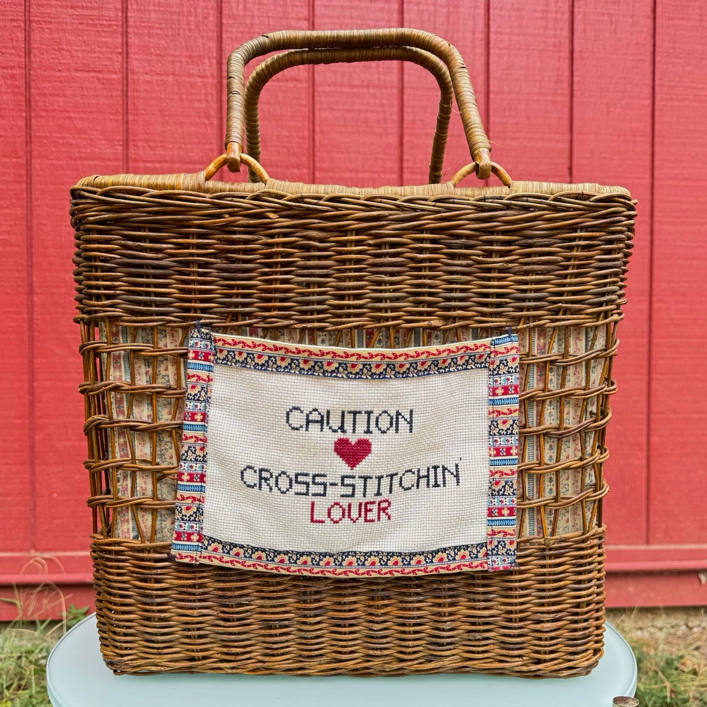 Vintage Woven Wicker Craft Tote Bag Cross-Stitch Lover Pocket F 14.5x8x13 Vintage Woven Wicker Craft Tote Bag Cross-Stitch Lover Pocket F 14.5x8x13