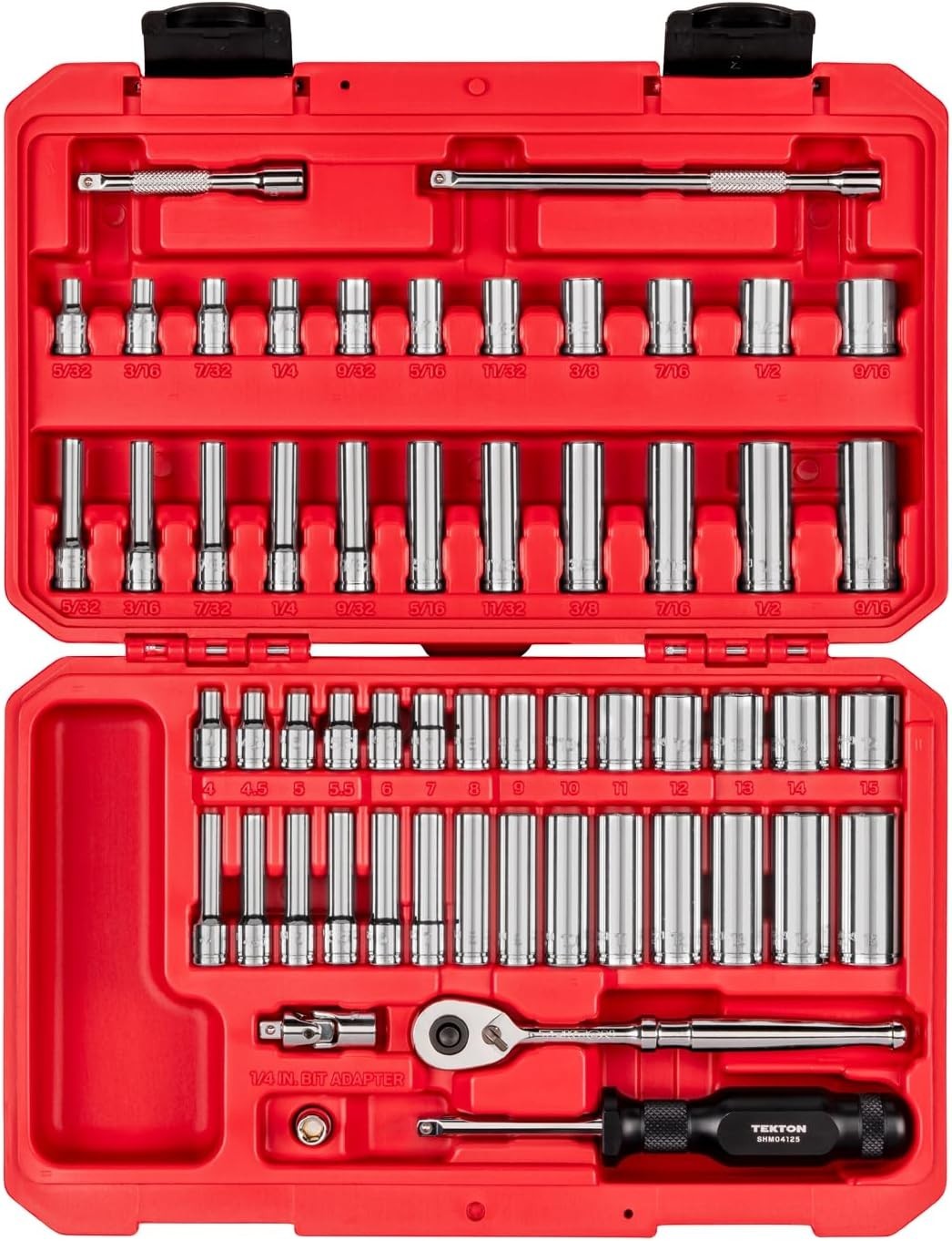 56pc 1/4 Inch Drive 12 Point Socket Ratchet Set 5/32-9/16in 4-15mm Shallow Deep 56pc 1/4 Inch Drive 12 Point Socket Ratchet Set 5/32-9/16in 4-15mm Shallow Deep