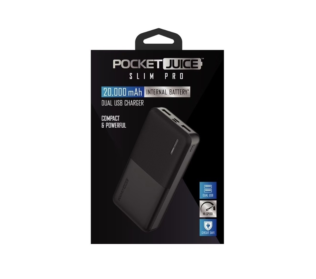 Pocket Juice Slim Pro 20,000mAh, Portable Power Bank and Charger with Dual USB