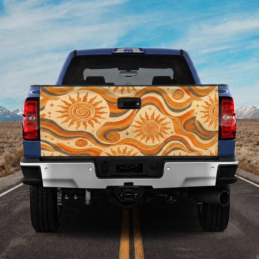 Retro Sun Tailgate Wrap, Vintage Celestial Sunshine Truck Tailgate Decal