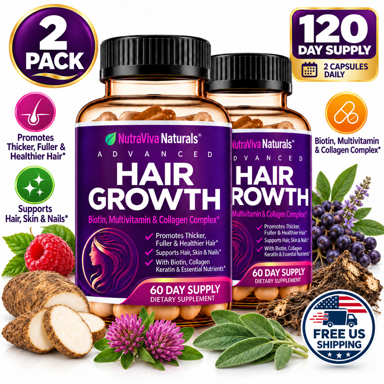 2 pack Rainbow Nutrients ADVANCED Hair Growth Vitamins for Women