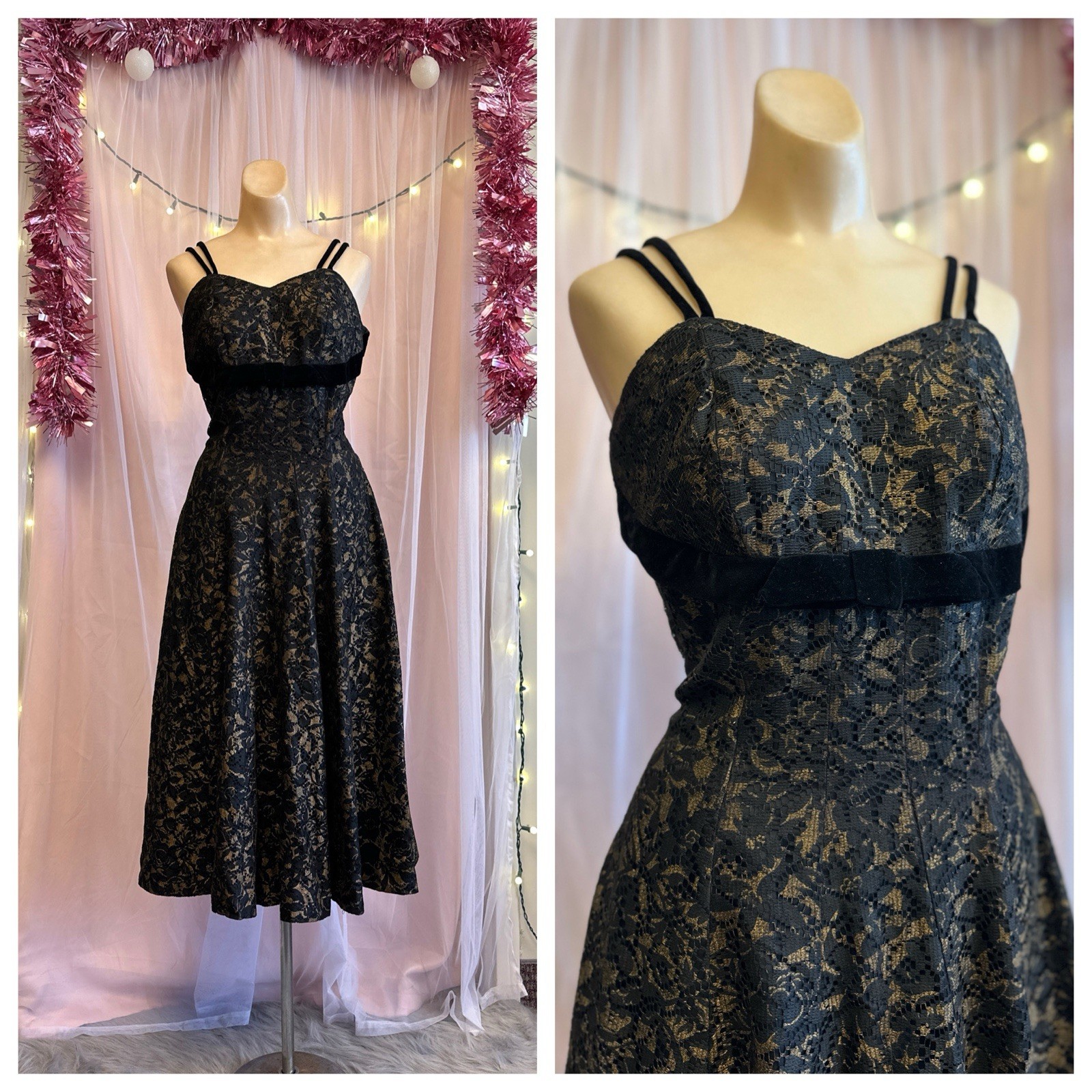 Vintage 50s Brown Lace Evening Cocktail Dress Shelf Bust Fit & Flare XS/S