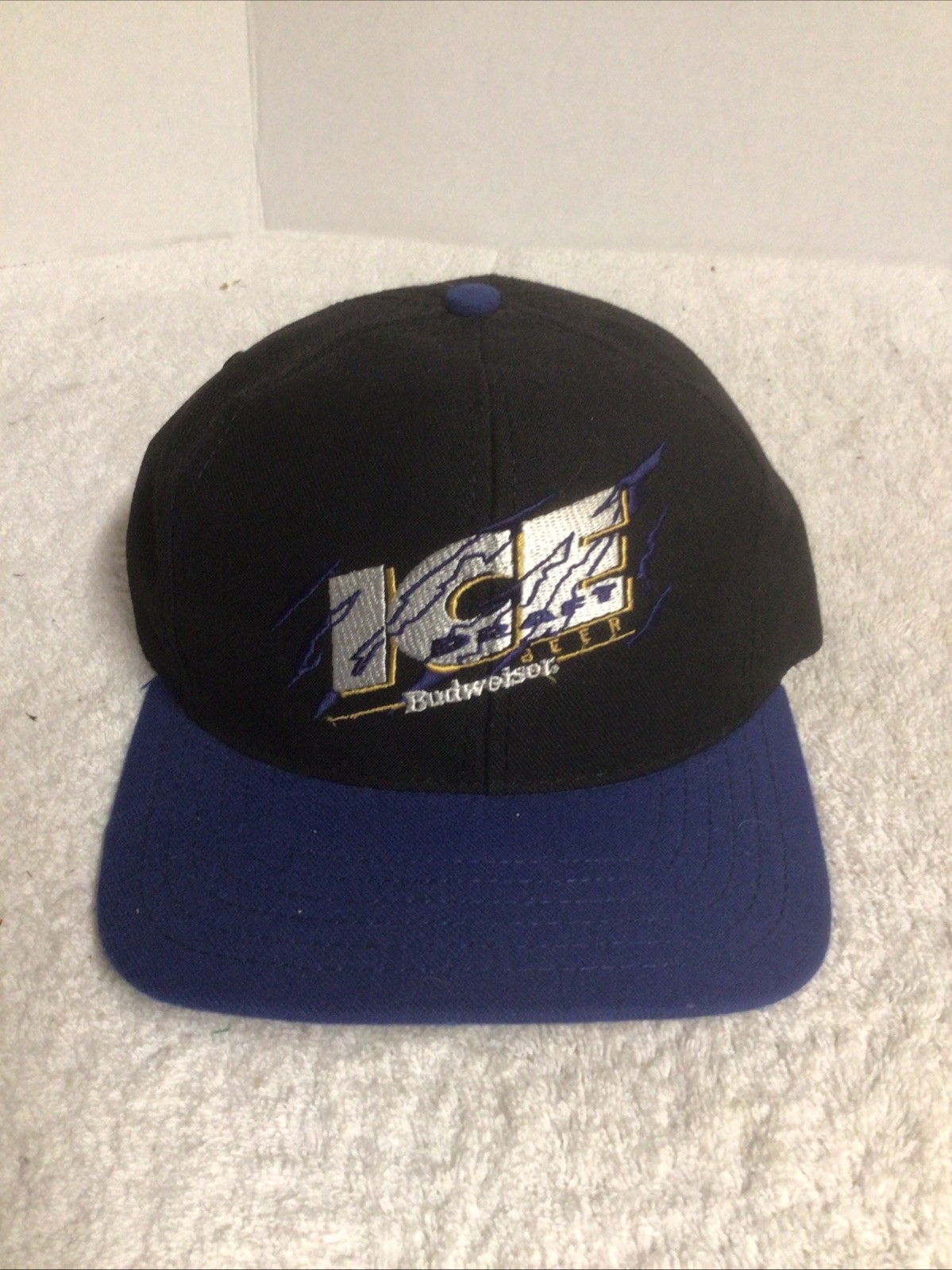 VTG Budweiser Ice Draft Beer Hat Cap Black Blue Snap Back USA NEW OLD STOCK