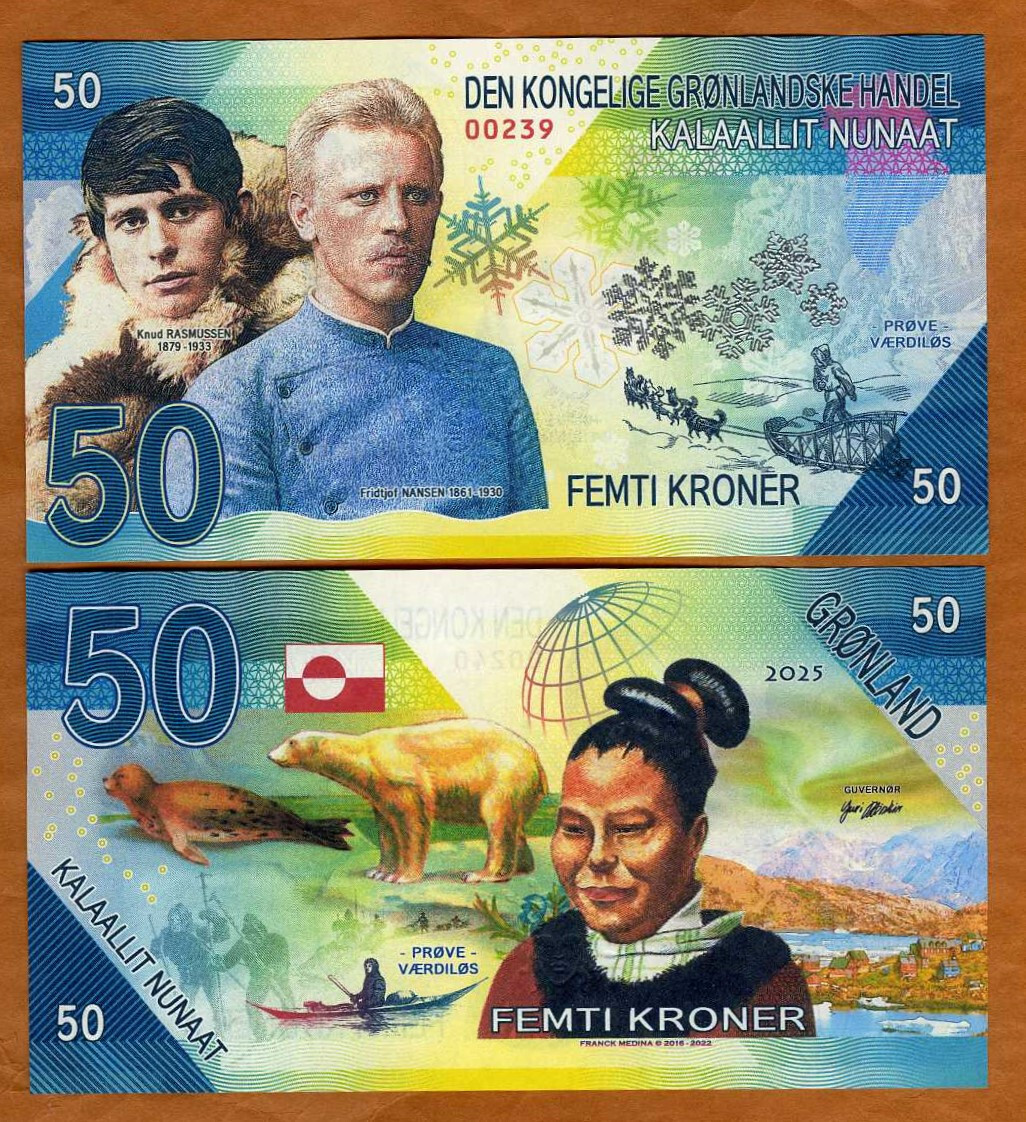 Greenland, 50 Kroner, 2025-2026, Private Issue Kamberra, UNC Rusmussen, Nansen