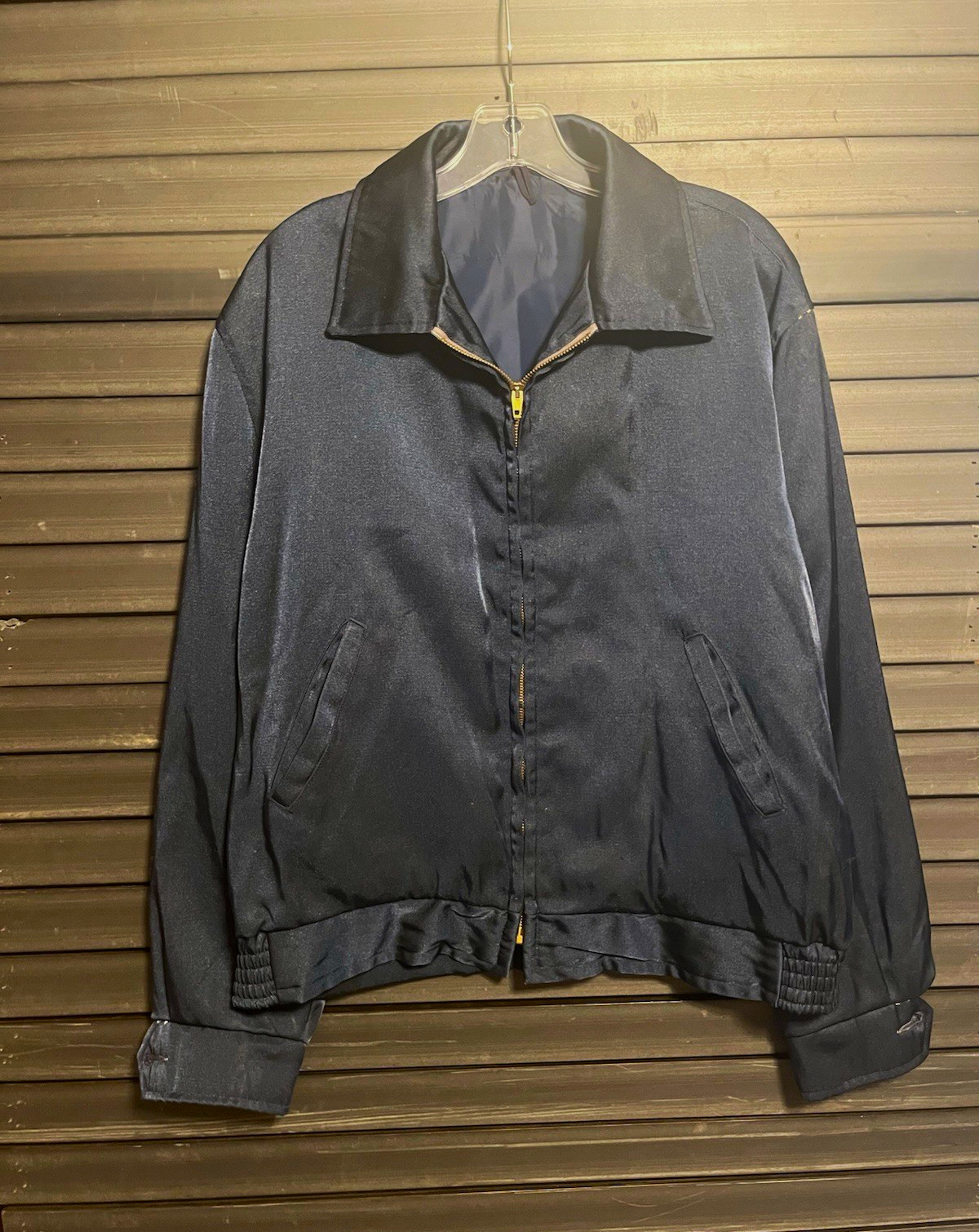 Vintage 50s 60s Navy Sharkskin Work Jacket Scovill Zip Smocked Waist Mens XL