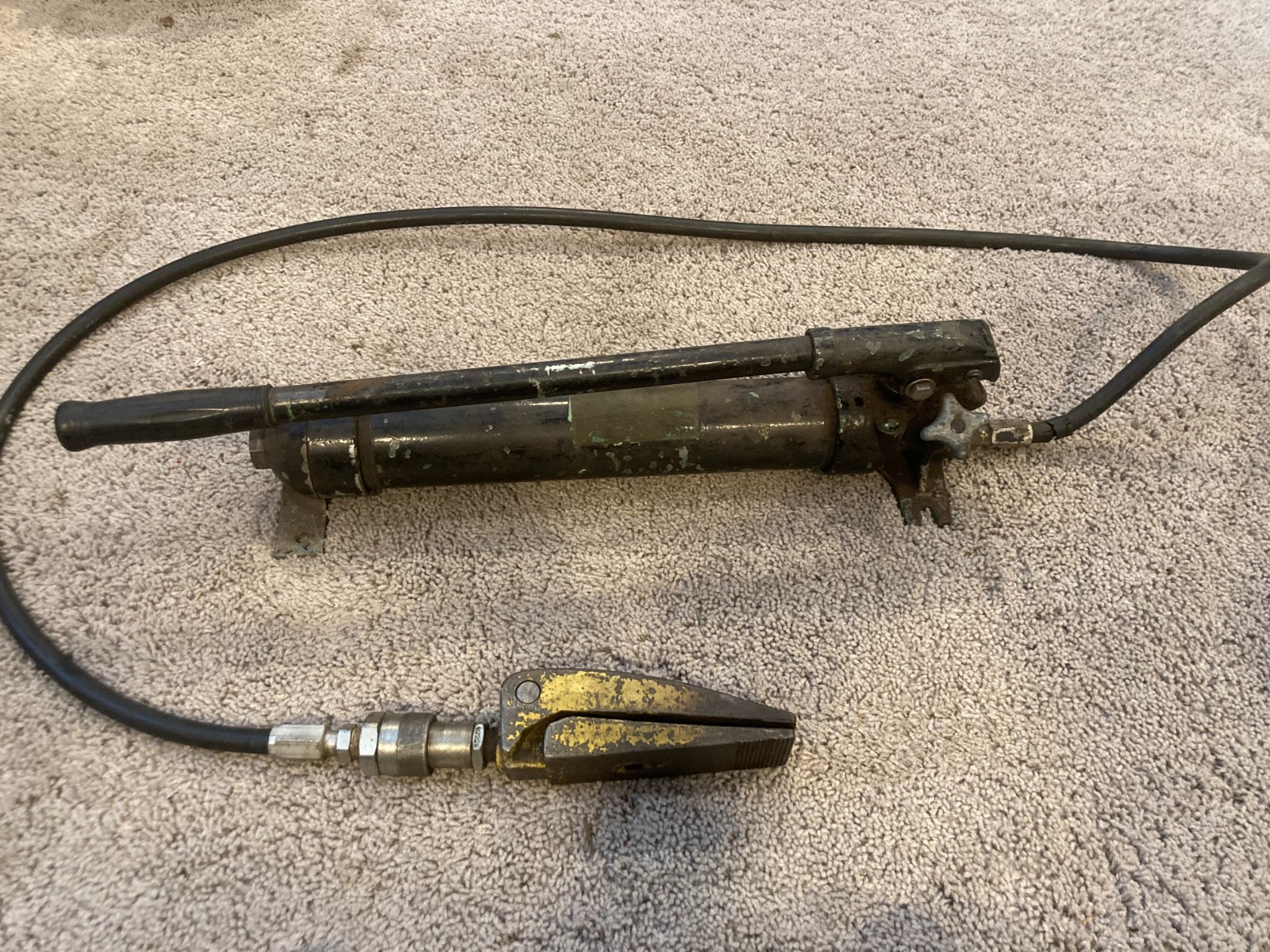 Vintage Hydraulic Hand Pump w/ Hose & Control Lever Industrial Tool