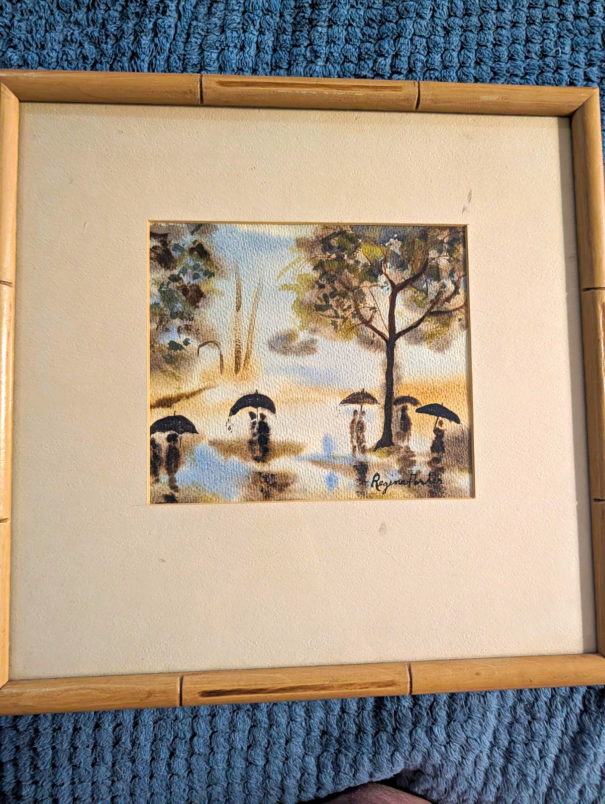Regina Porter Signed Watercolor Landscape Figures Umbrellas Matted Framed Regina Porter Signed Watercolor Landscape Figures Umbrellas Matted Framed