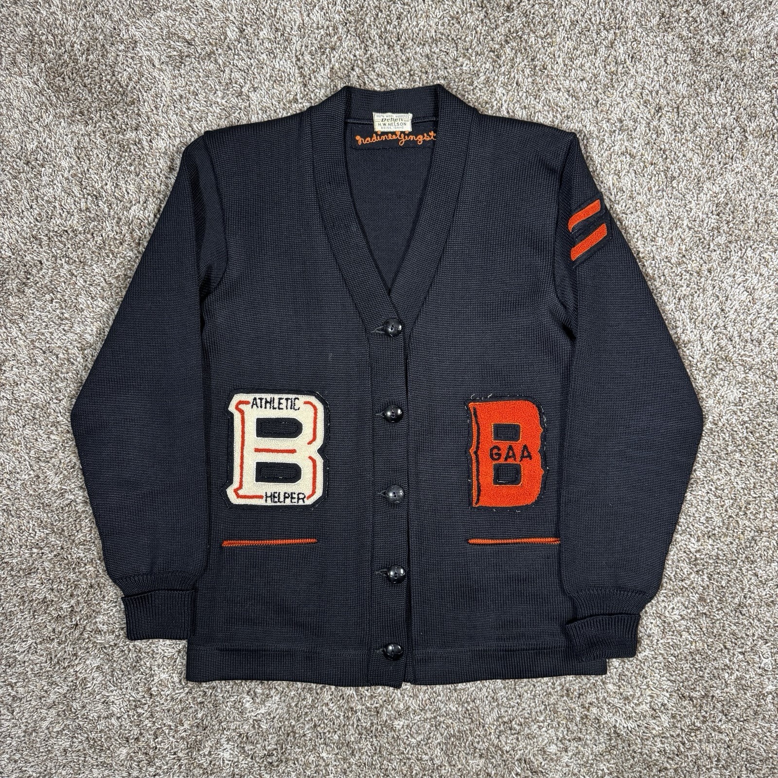 VTG 50s Dehen Wool Letterman Varsity Cardigan Sweater Black Womens M Mens XS