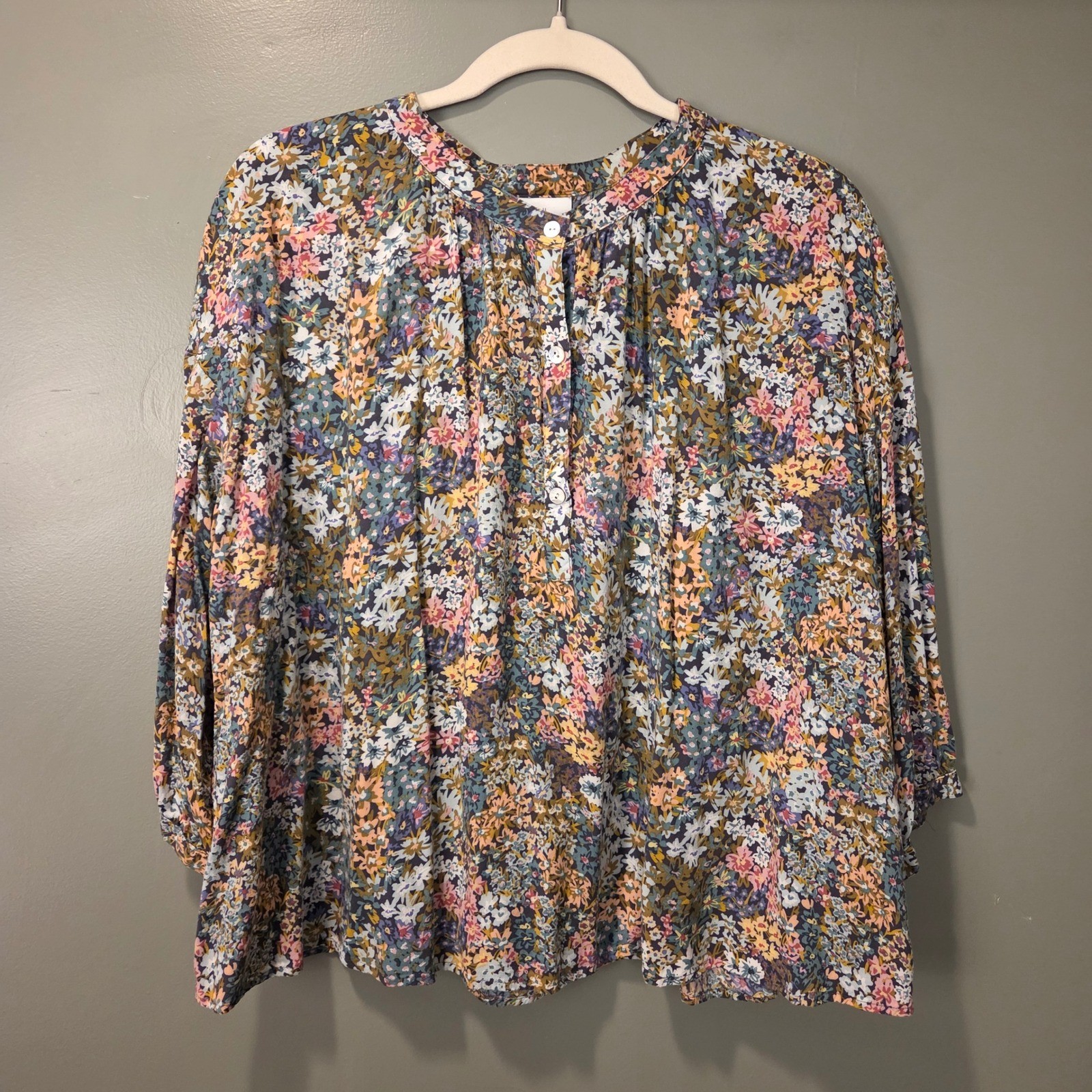 J. Jill Women\'s Half Button Up 3/4 Sleeve Blouse Size L Petite Floral Print
