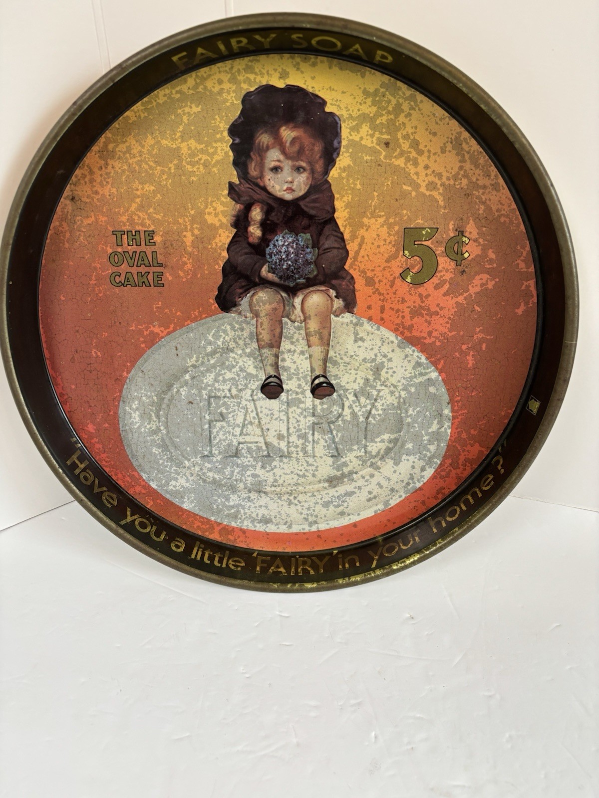 ANTIQUE TIN ADVERTISING TRAY FAIRY SOAP 14 IN. ROUND LITHOGRAPH 1910 ANTIQUE TIN ADVERTISING TRAY FAIRY SOAP 14 IN. ROUND LITHOGRAPH 1910