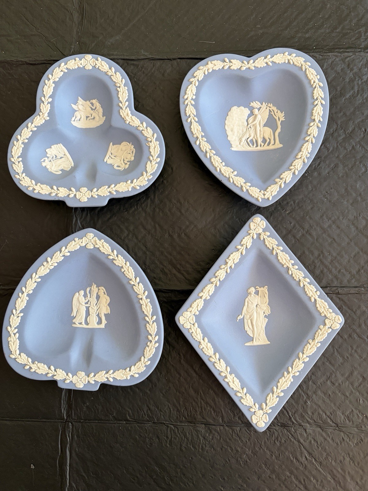 Vintage Wedgwood pale blue jasperware pin dishes Playing Card Suite Greek Roman