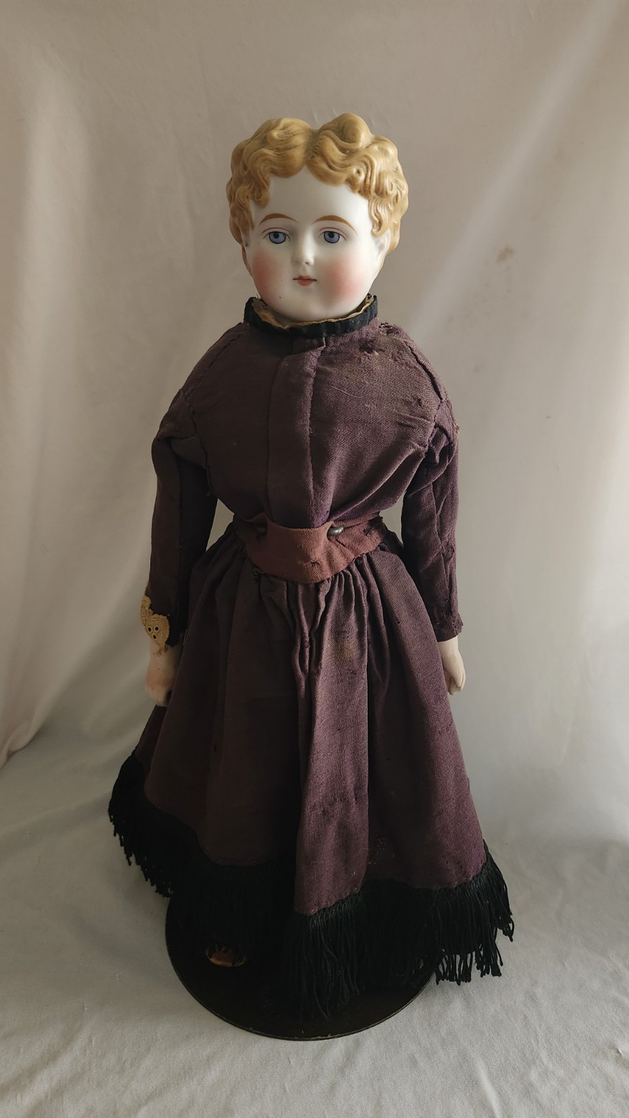 Antique Bisque Doll Original Wool Outfit German Victorian Parian Style & Stand Antique Bisque Doll Original Wool Outfit German Victorian Parian Style & Stand
