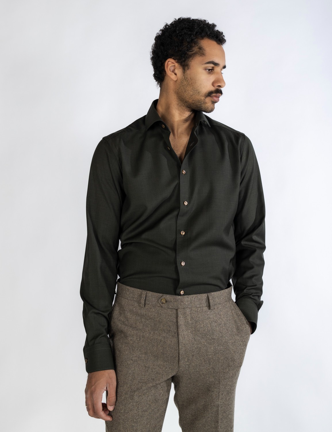 ETON Solid Dark Green Twill 100% Merino Wool Shirt Wide Spread Slim Fit Dress
