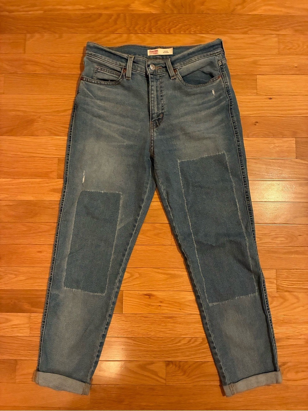 Signature by Levi Strauss Blue Patchwork Boyfriend Jeans with Rolled Hems Signature by Levi Strauss Blue Patchwork Boyfriend Jeans with Rolled Hems