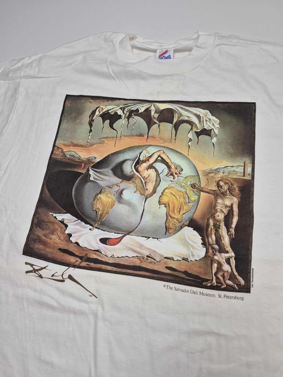 Vintage Salvador Dali Jerzees Shirt Mens XL White Geopoliticus Child Museum Tee