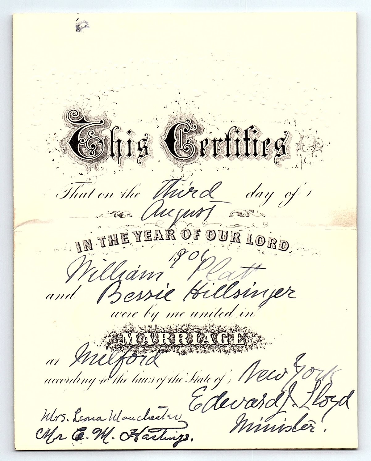 Antique 1901 Marriage Certificate Milford New York Antique 1901 Marriage Certificate Milford New York