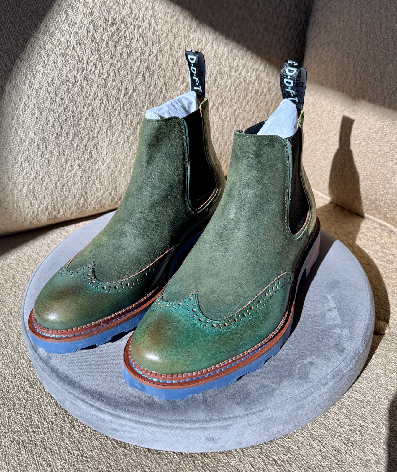 John Fluevog ZEDKIEL Chelsea Boot 21484 Mens 10, Navy and Green - 