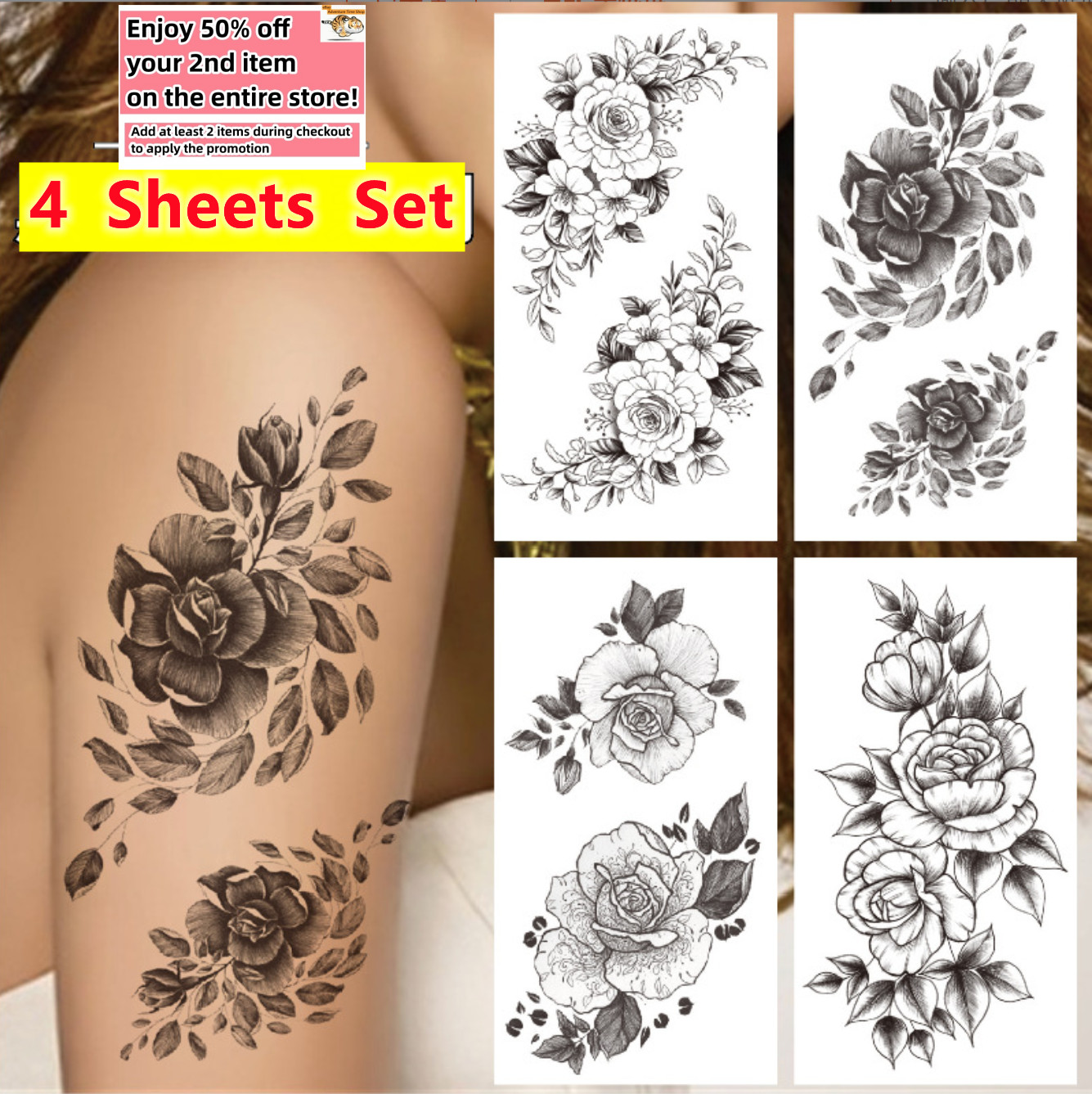 Set of 4 Sheets Waterproof Temporary Tattoo Stickers Rose Flowers Arm & Body Art
