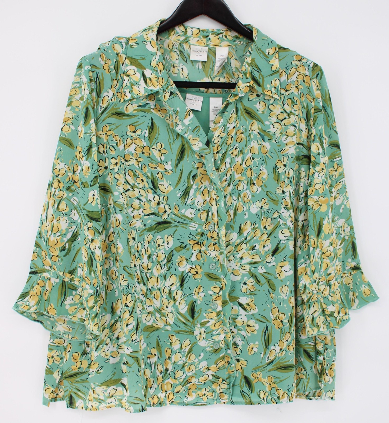 Emma James Blouse Womens 24W Plus Green Floral Button Front Bell Sleeve Top
