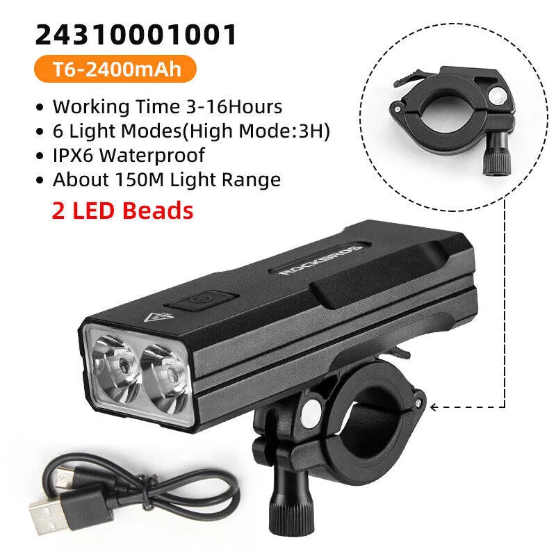 ROCKBROS Bike Headlight Bicycle Handlebar Front Light LED USB Rechargeable Lamp