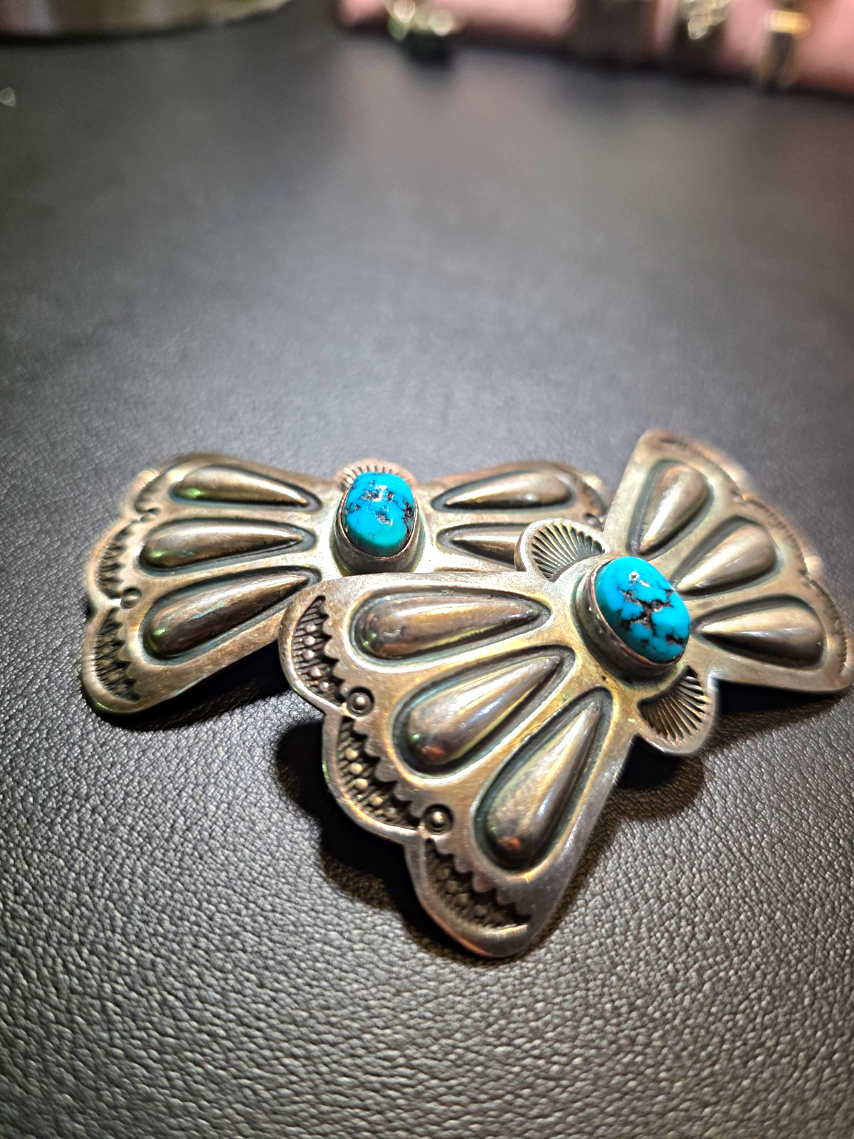 Vintage Navajo Butterfly Concho Slides Pair Silver Turquoise Old Pawn 44g 1940s Vintage Navajo Butterfly Concho Slides Pair Silver Turquoise Old Pawn 44g 1940s