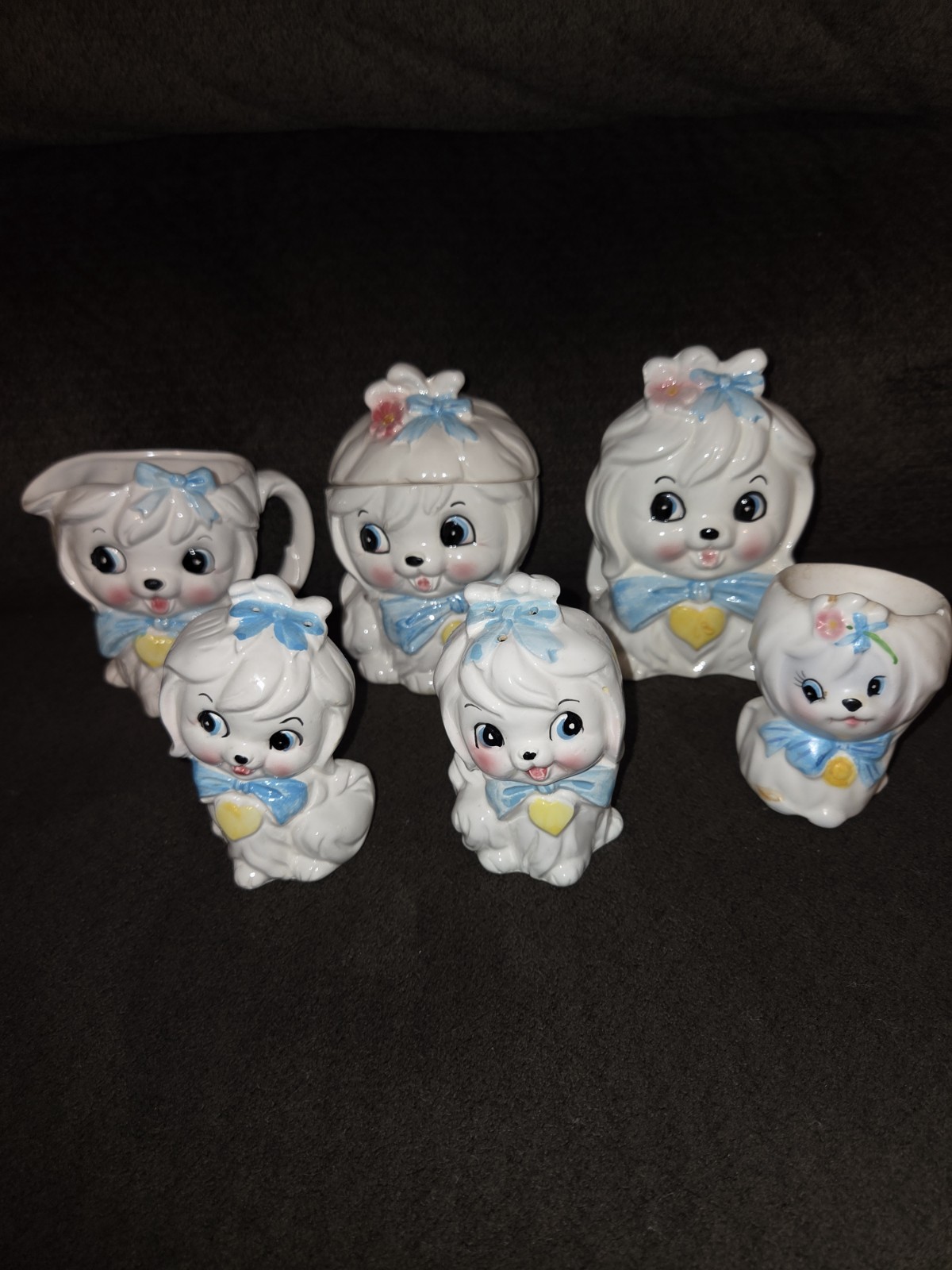 Vintage Mr. Toodles Dog Creamer Sugar Salt Pepper Egg Holder Set Of 6 Unbranded Vintage Mr. Toodles Dog Creamer Sugar Salt Pepper Egg Holder Set Of 6 Unbranded