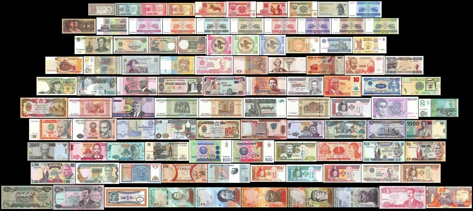 100 Pcs of Different Unique World Foreign Mixed Banknotes Currency Unc + List