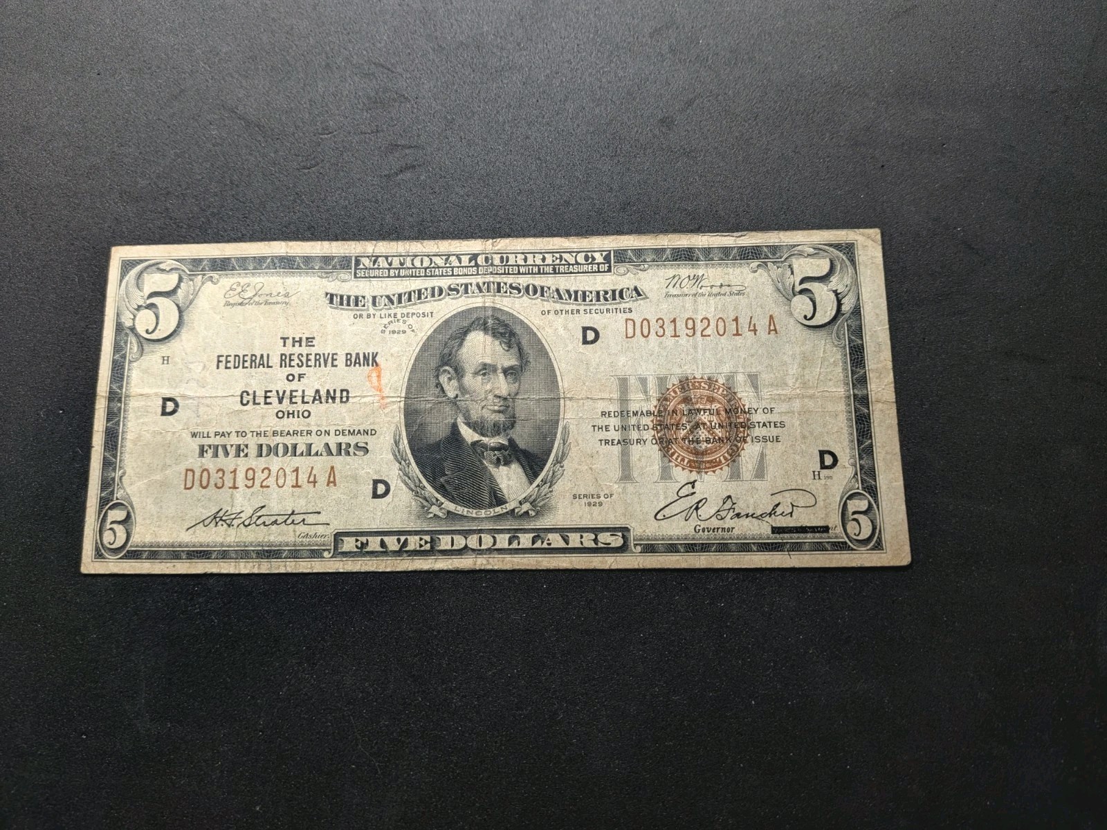1929 Five Dollar Bill $5 National Currency - Cleveland 