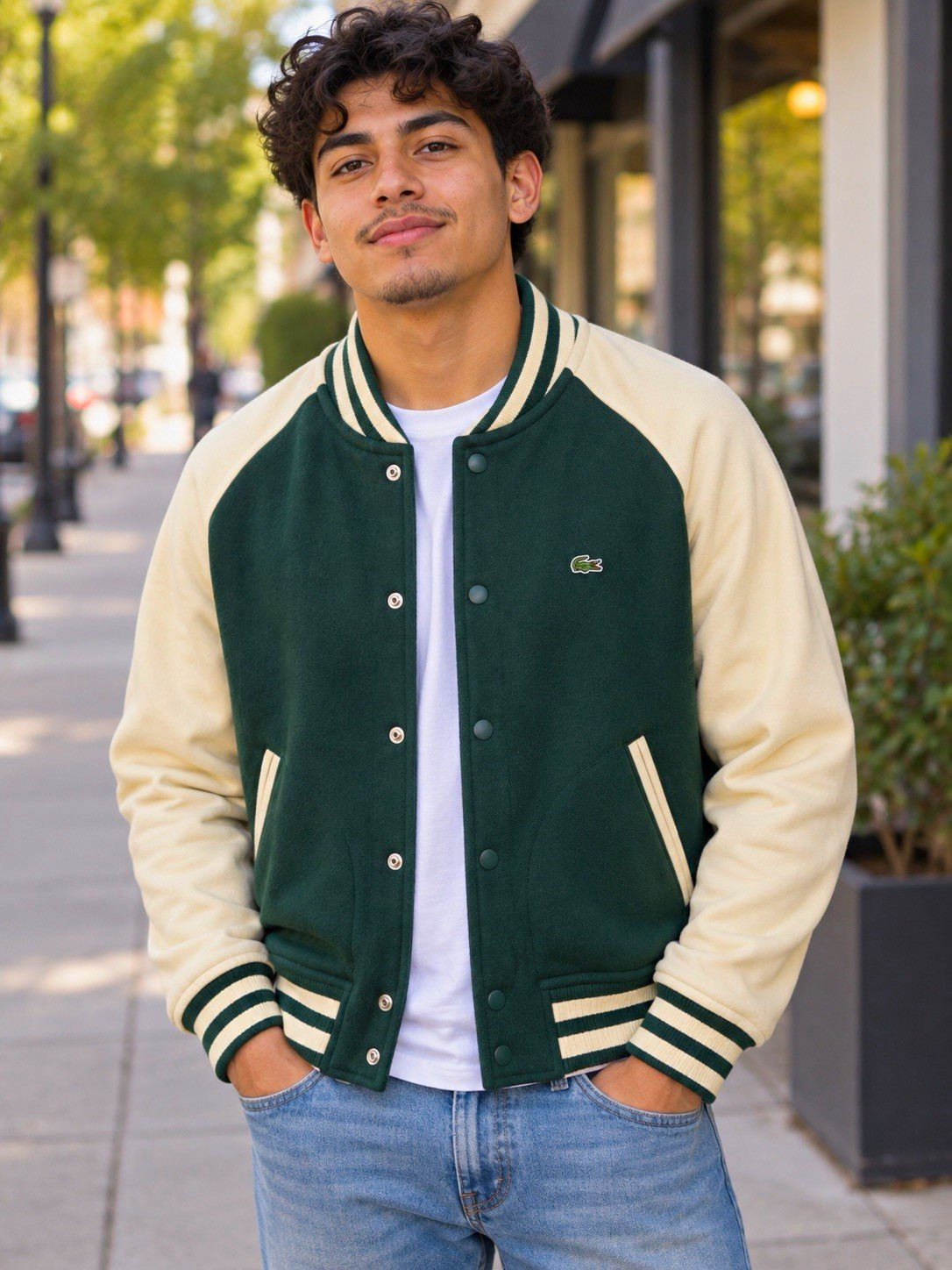 Lacoste Green & Cream Varsity Jacket Snap Front Logo Pockets Short Lacoste Green & Cream Varsity Jacket Snap Front Logo Pockets Short