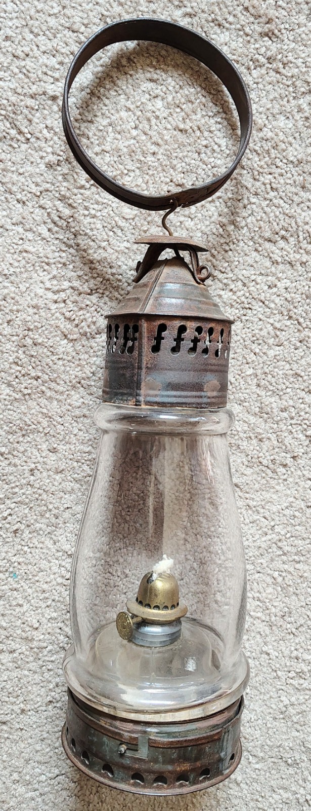Antique 1862 Sangster Patent Oil Lantern Fixed Globe Thick Glass Pierced Tin 