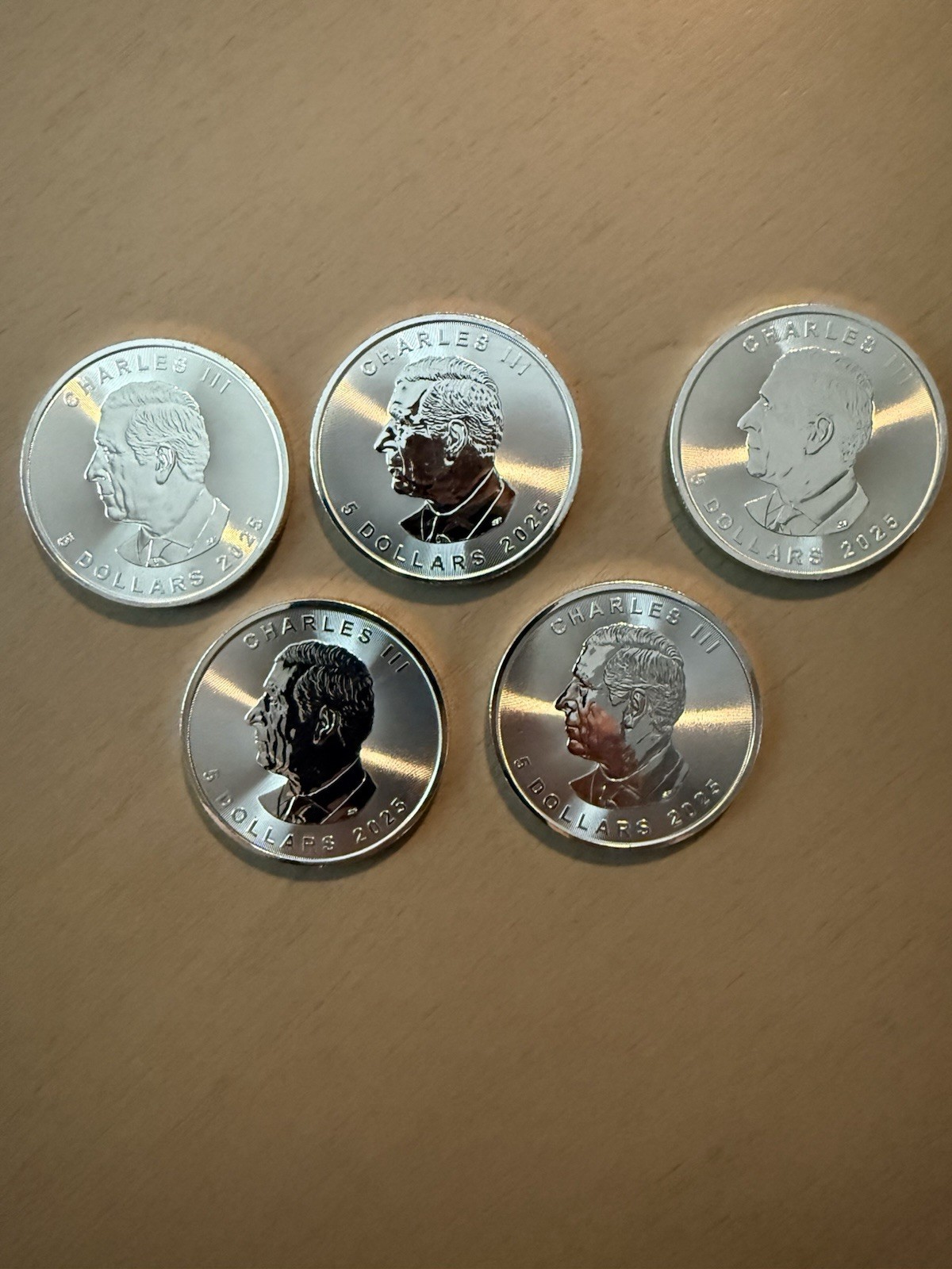 Lot of 5 - 2025 $5 Silver Canadian Maple Leaf 1 oz BU