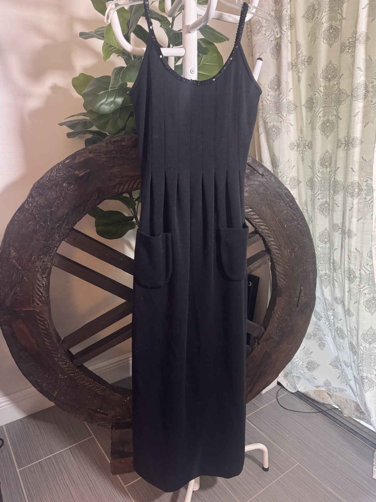 VTG 60s 70s ALAMOR Joan Sparks Black Maxi Dress Sequins Pockets Column XS VTG 60s 70s ALAMOR Joan Sparks Black Maxi Dress Sequins Pockets Column XS