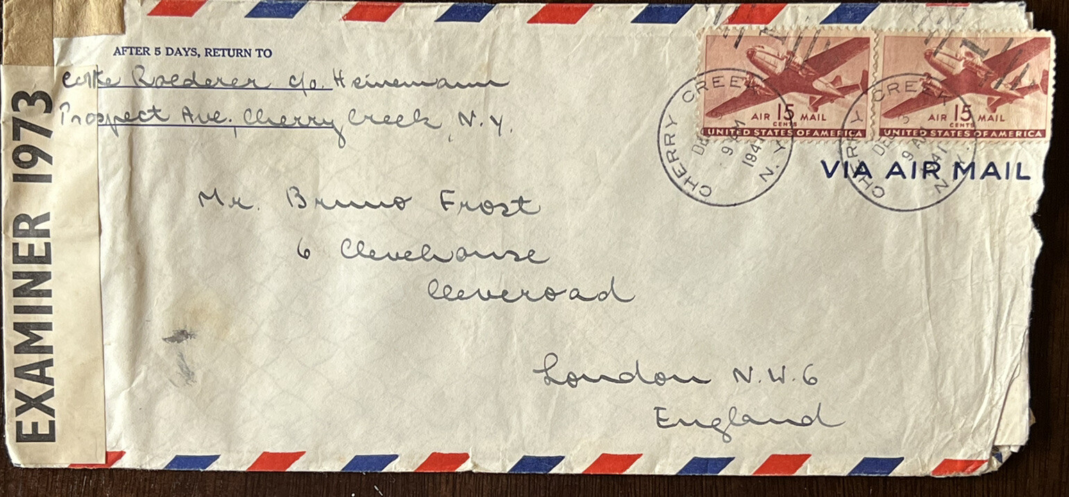 1941 WWII ERA US COVER TO LONDON ENGLAND US STAMP PAIR C28 AIRMAIL EXAMINED