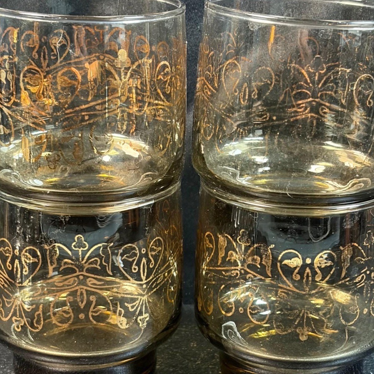 Libbey Tawny Accent Rocks Glasses Set of 4 Gold Filigree Smoke Brown Vintage MCM