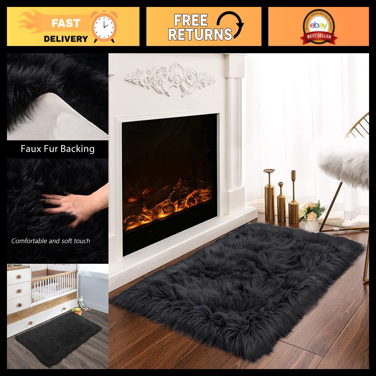 Cozy Black Faux Sheepskin Rug 2x3 - Washable Fluffy Shag Throw Carpet for Bedroo